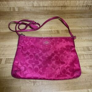 Coach 35454 Crossbody Bag Purse Signature Nylon Neon PINK RUBY Adjustable Strap